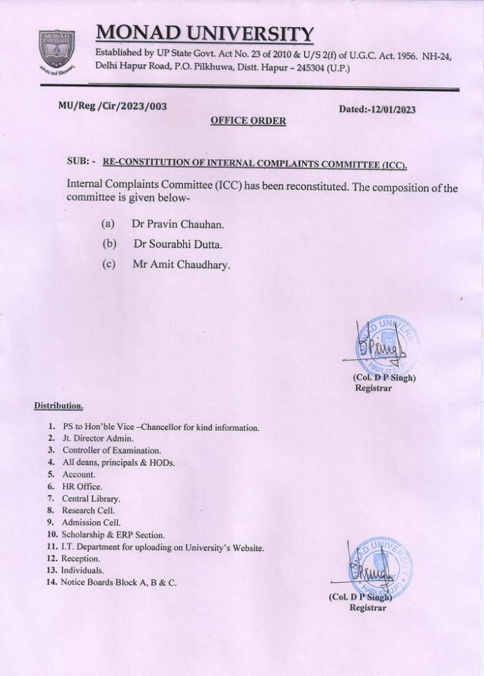 Re-Constitution of Internal Compliants Committee-2023